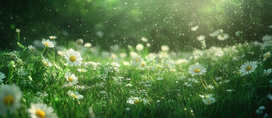 Leinwandbilder - Blooming chamomile flowers on vibrant green grass in sunlit meadow with soft bokeh and gentle water droplets creating a serene spring atmosphere