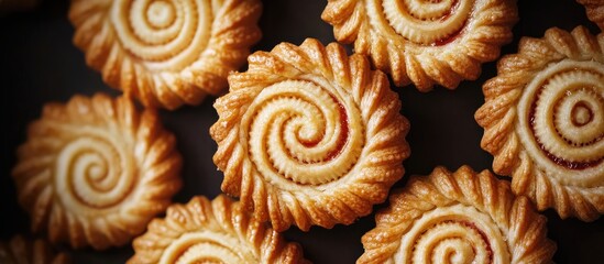 Poster - Golden-brown Crostata cookies with a Fibonacci swirl design arranged in a circular pattern on a dark background highlighting their intricate texture.