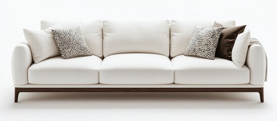 Poster - Cozy Scandinavian design white sofa with plush cushions against a minimalist light background, emphasizing warmth and comfort in modern living space.