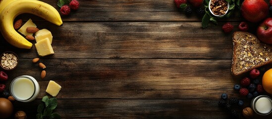 Aufkleber - Healthy food arrangement on a rustic wooden table featuring bananas, apples, yogurt, nuts, bread, and berries, enhancing natural colors and textures.