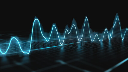 Poster - Abstract Neon Data Wave: A dynamic visualization of data as a vibrant, glowing blue wave against a dark background.  Perfect for illustrating concepts of data flow, technology, and growth. 