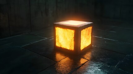 Wall Mural - a small box lit up on a dark floor with a light shining on it