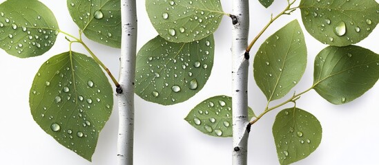 Aufkleber - Fresh green aspen leaves with water droplets on a white background, showcasing vibrant greenery and delicate textures from two trees.
