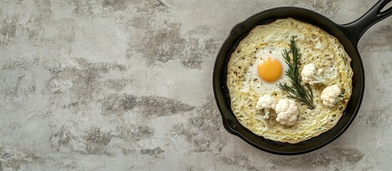 Poster - Healthy breakfast featuring a golden egg omelet with cauliflower in a black cast iron pan on a light gray stone table with ample copy space