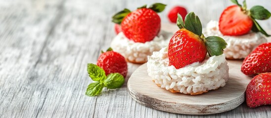 Aufkleber - Rice cakes topped with ricotta and fresh strawberries on a light wooden surface with mint leaves for a healthy snack presentation
