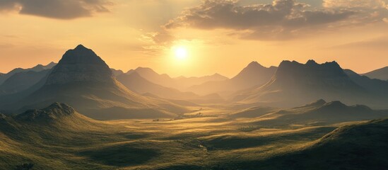 Poster - Highland mountain landscape featuring a golden sunset over majestic peaks with green slopes and a dramatic cloudy sky in the background.