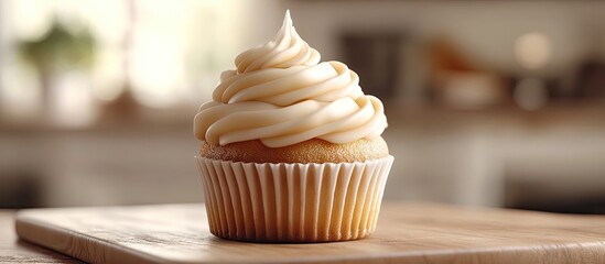 Poster - Vanilla cupcake with swirled white frosting positioned on a wooden board in a soft-lit kitchen, creating an inviting dessert scene.