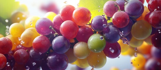 Aufkleber - Vibrant clusters of fresh grapes in various colors including purple, green, and red, glistening with water droplets against a bright white background.