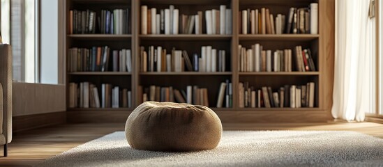 Fototapete - Cozy interior scene with a round brown bag in the corner and a wooden bookshelf filled with books bathed in warm natural light.