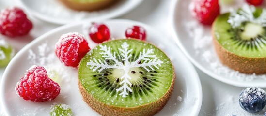 Poster - Delightful festive fruit arrangement featuring kiwi slices with snowflake pattern surrounded by raspberries and blueberries on bright white background