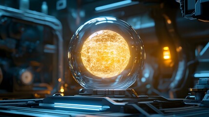 Poster - a glowing sphere in a glass case with a glowing light