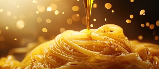 Poster - Golden pasta strands glisten under warm light as olive oil cascades down, surrounded by spice dust, creating an appetizing homemade dish.