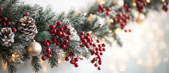 Poster - Festive winter garland adorned with pinecones, red berries, and golden ornaments, set against a soft blurred background with warm lights.