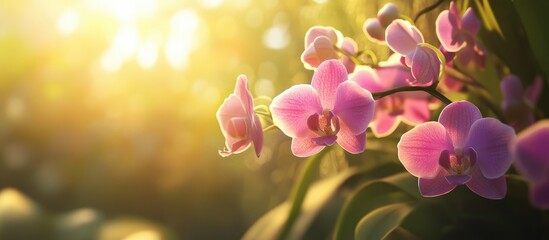 Aufkleber - Elegant purple orchids in a sunlit garden softly blurred with green leaves and golden sunlight creating a gentle natural aesthetic.