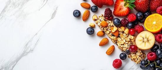 Aufkleber - Granola bar with oats and nuts beside fresh strawberries blueberries and oranges on a white stone table Top view long banner format
