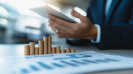 Poster - analyzing the data: a businessman meticulously reviews financial data, examining a graph depicting g