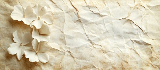 Aufkleber - Delicate crumpled beige paper with soft white floral accents positioned on the left side creating an elegant vintage background texture.