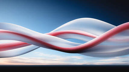 Poster - Abstract Flow: An ethereal dance of flowing lines in soft blue and crimson against a backdrop of clouds. Evokes a sense of fluidity, movement, and boundless potential.