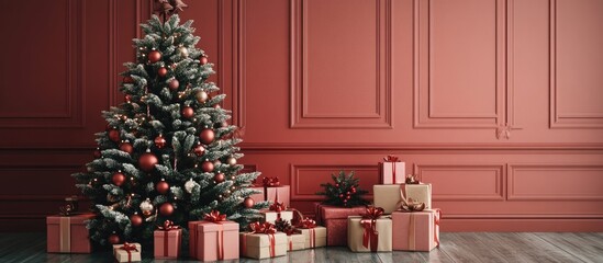 Poster - Festive holiday backdrop with a lush green Christmas tree adorned with red ornaments, surrounded by gold and red gift boxes on a warm pink wall.