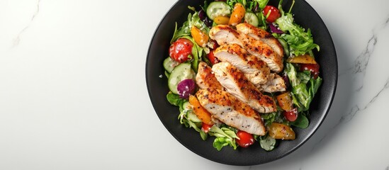 Poster - Grilled chicken slices atop a colorful fresh vegetable salad in a black bowl on a light background showcasing a healthy diet concept.