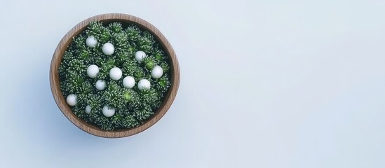 Aufkleber - Top view of green onions in a round wooden bowl with a light wood texture on a pale blue background, emphasizing freshness and simplicity.