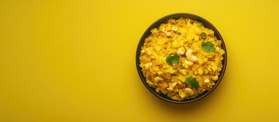 Poster - Vibrant yellow background highlighting a black bowl filled with colorful Poha, garnished with green cilantro and nuts, conveying healthy snacking.