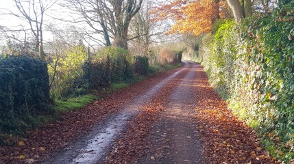 Wall Mural - A two-lane countryside road cutting through autumn foliage, with golden and red leaves covering the ground.