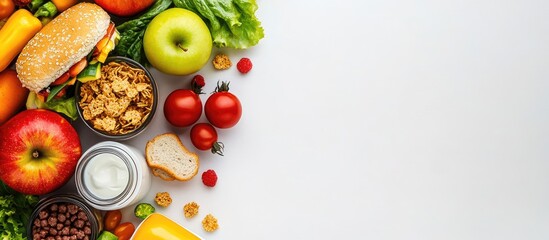 Poster - Colorful assortment of fresh fruits vegetables and grains arranged neatly on a white background emphasizing healthy eating and nutrition concepts