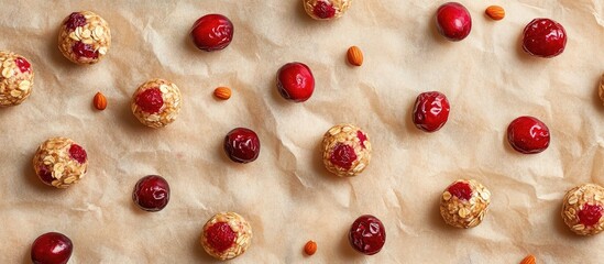 Poster - Homemade energy balls featuring vibrant red cranberries, golden oats, and assorted nuts arranged on crinkled parchment paper in a horizontal layout.
