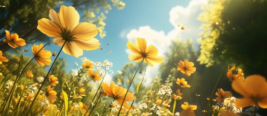 Poster - Golden cosmos flowers in vibrant yellow bloom with sunlight illuminating their petals against a blue sky and lush green foliage creating a serene nature scene