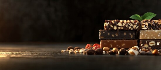 Aufkleber - Assorted healthy energy bars displayed on dark wooden surface with nuts and seeds scattered around, warm light highlighting textures and colors