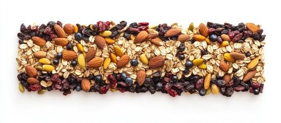 Aufkleber - Nutritious homemade granola bar featuring oats, nuts, and dried fruits in warm brown and golden hues, set against a white background.
