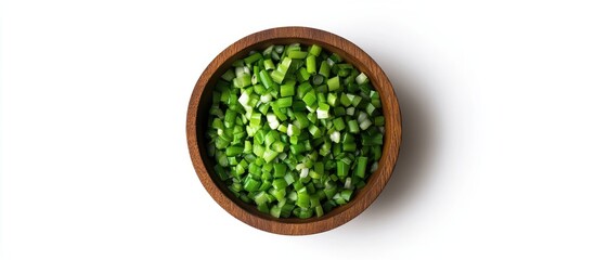 Poster - Chopped green onions in a round wooden bowl centered on a white background with vibrant green hues creating a fresh and healthy kitchen feel