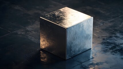 Poster - a shiny metal cube sitting on a dark surface with a light shining on it