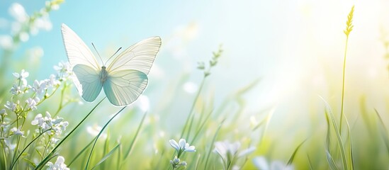 Aufkleber - Delicate white butterfly resting on soft green grass with white flowers in pastel blue spring light creating a serene and uplifting nature scene