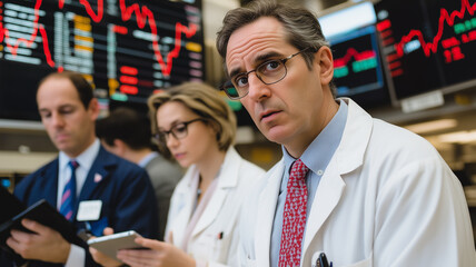 Poster - The Stock Market: A serious-looking man in a white coat, wearing glasses, stares intently at the stock market ticker.