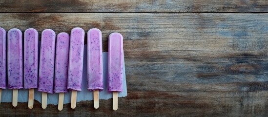 Aufkleber - Cluster of homemade blueberry vanilla ice pops featuring a soft purple hue arranged neatly on a rustic wood background with subtle paper accents.