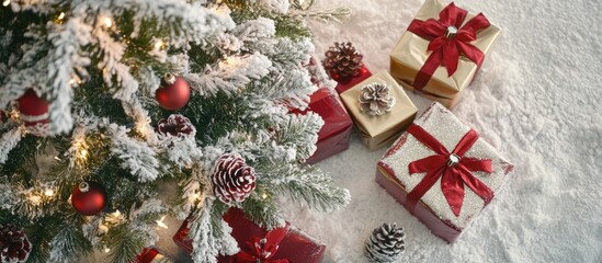 Poster - Christmas celebration gifts under a snow-covered pine tree adorned with red and gold decorations creating a warm festive atmosphere.