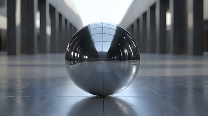 Fototapete - a shiny metal ball sitting on a floor in a hallway
