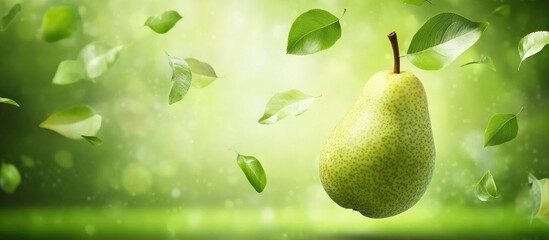 Poster - Ripe green pear suspended among flying green leaves on a soft blurred green background showcasing food levitation concept with dynamic motion effect