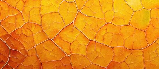 Poster - Golden orange autumn leaf texture with intricate vein patterns, featuring a close-up view that highlights the delicate details and vibrant colors.