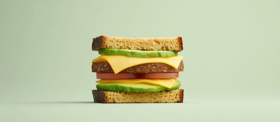 Poster - Healthy sandwich featuring layers of cheese, tomato, and avocado between whole grain bread against a soft green background centered in the image.