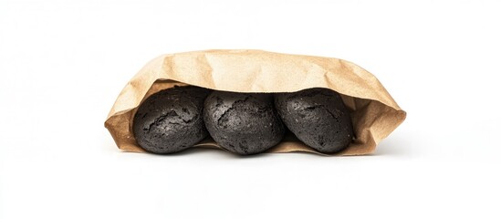 Poster - Freshly baked black bread rolls in a brown kraft paper bag resting on a clean white background with soft shadows for a rustic presentation.