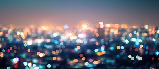 Leinwandbilder - City skyline at night with blurred bokeh lights in vibrant colors like blue, orange, and green creating a dreamy urban atmosphere.