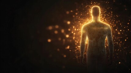 Fototapete - A glowing, digital human silhouette composed of particles against a dark background, symbolizing technology and human evolution.