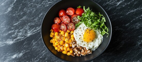 Poster - Healthy brunch bowl with fried egg, cherry tomatoes, greens, corn, and walnuts on black bowl, top view on dark granite surface.