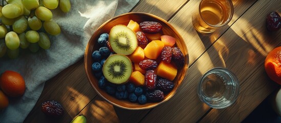 Poster - Colorful fruit bowl with grapes, kiwi, and dates arranged in a wooden bowl on a textured surface, alongside a glass of water, shot from above.