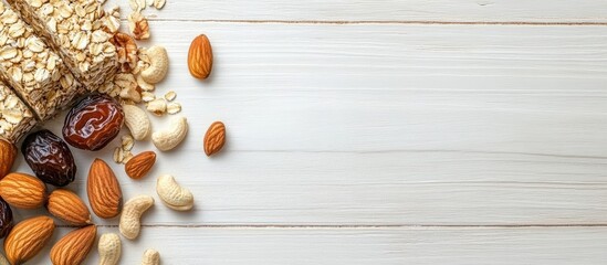 Aufkleber - Healthy granola and muesli bars with oats, dates, nuts on white wooden background with almonds and cashews scattered on the left side