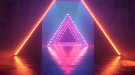 Fototapete - a neon triangle is lit up in a dark room