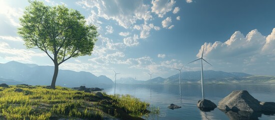 Aufkleber - Vibrant landscape featuring a lush green tree on the left and a wind turbine beside serene water reflecting blue skies and distant mountains.